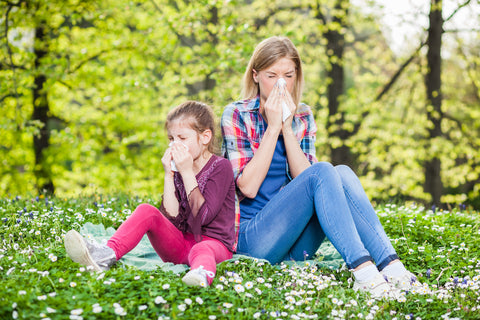 Mutter und Tochter sitzen in der Natur und putzen sich die Nasen